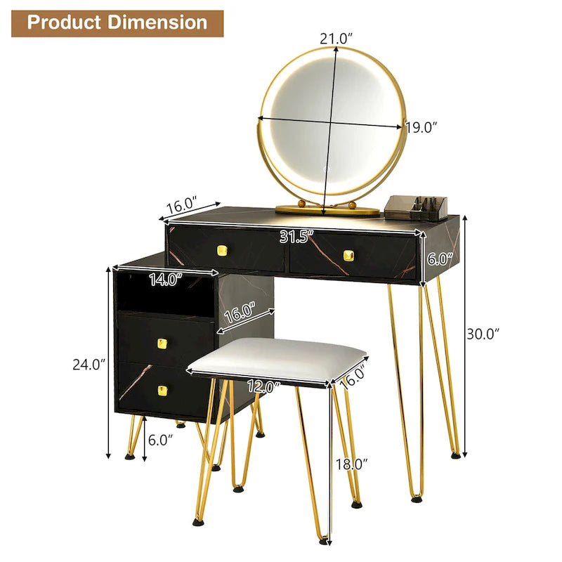 Coiffeuse et tabouret avec miroir LED et meuble latéral – Marron / Noir / Blanc – 1 personne