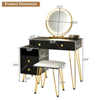 Coiffeuse et tabouret avec miroir LED et meuble latéral – Marron / Noir / Blanc – 1 personne