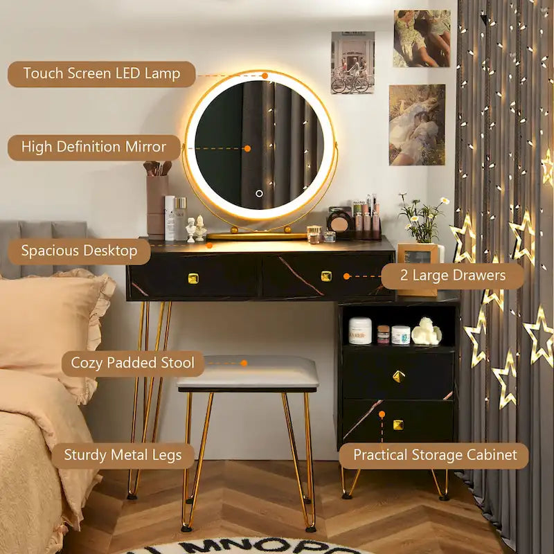 Coiffeuse et tabouret avec miroir LED et meuble latéral – Marron / Noir / Blanc – 1 personne