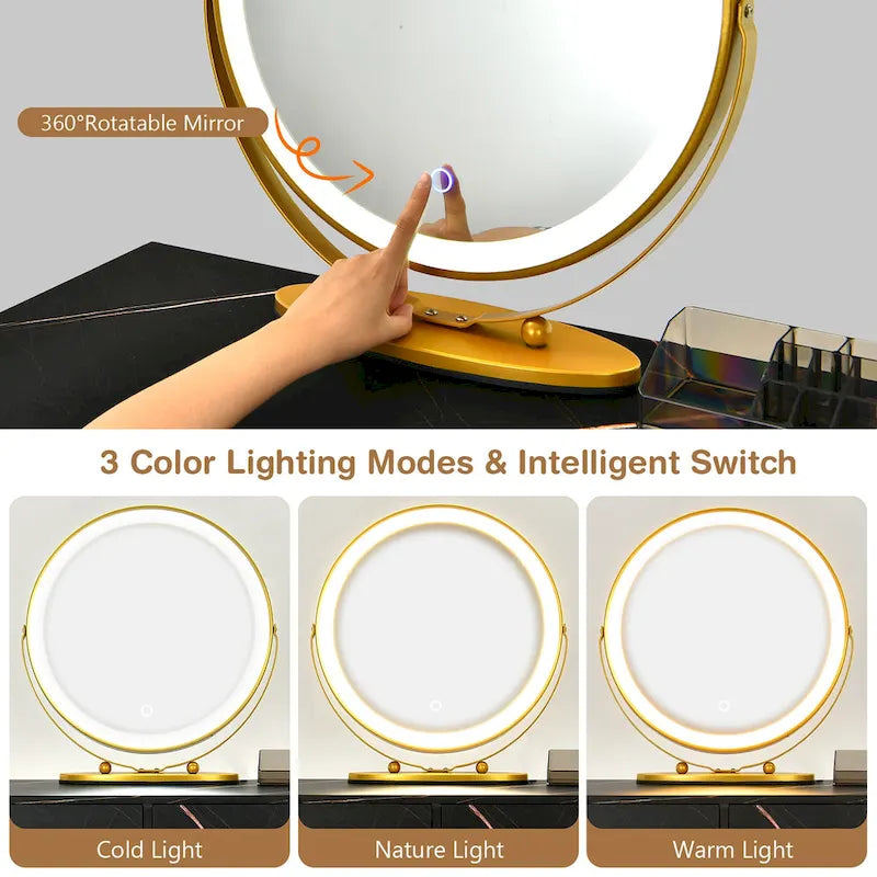 Coiffeuse et tabouret avec miroir LED et meuble latéral – Marron / Noir / Blanc – 1 personne