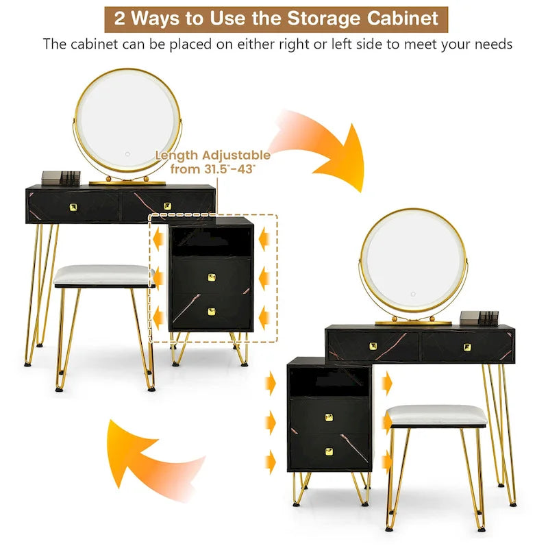 Coiffeuse et tabouret avec miroir LED et meuble latéral – Marron / Noir / Blanc – 1 personne