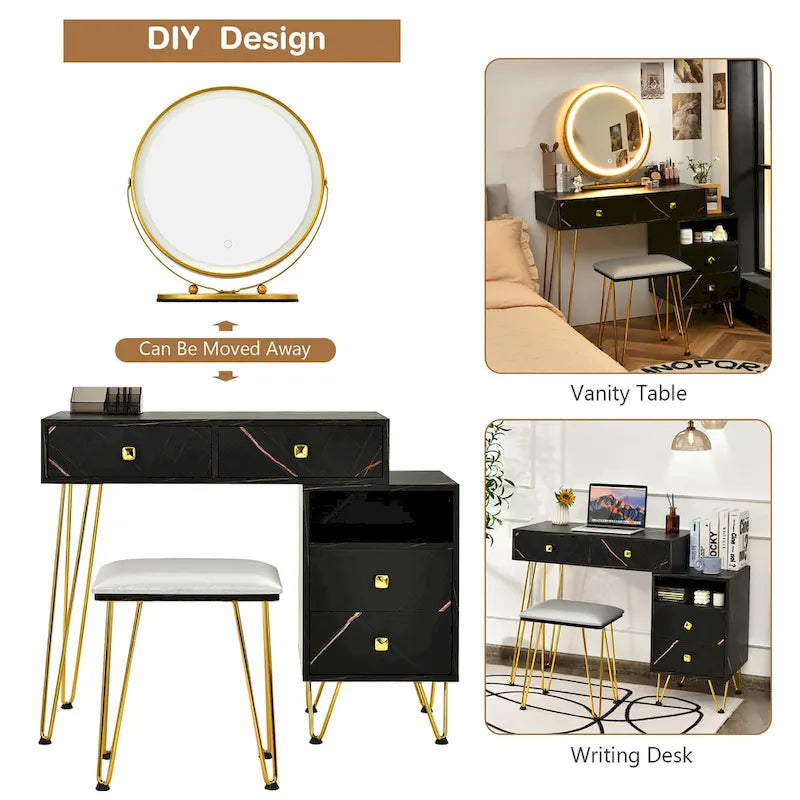 Coiffeuse et tabouret avec miroir LED et meuble latéral – Marron / Noir / Blanc – 1 personne