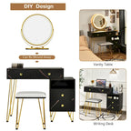 Coiffeuse et tabouret avec miroir LED et meuble latéral – Marron / Noir / Blanc – 1 personne