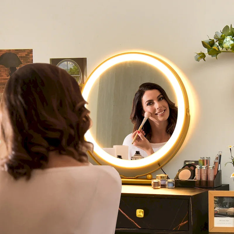 Coiffeuse et tabouret avec miroir LED et meuble latéral – Marron / Noir / Blanc – 1 personne