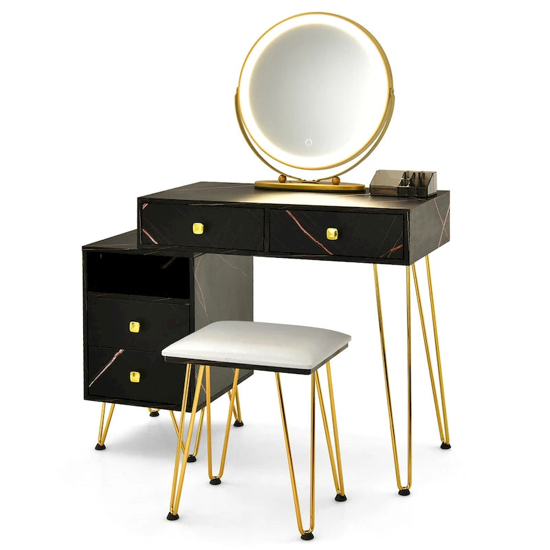 Coiffeuse et tabouret avec miroir LED et meuble latéral – Marron / Noir / Blanc – 1 personne