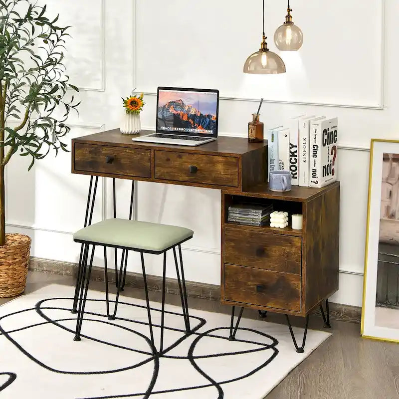 Coiffeuse et tabouret avec miroir LED et meuble latéral – Marron / Noir / Blanc – 1 personne