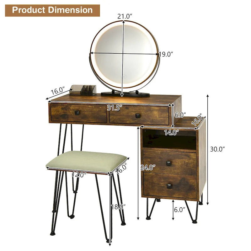 Coiffeuse et tabouret avec miroir LED et meuble latéral – Marron / Noir / Blanc – 1 personne