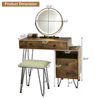 Coiffeuse et tabouret avec miroir LED et meuble latéral – Marron / Noir / Blanc – 1 personne