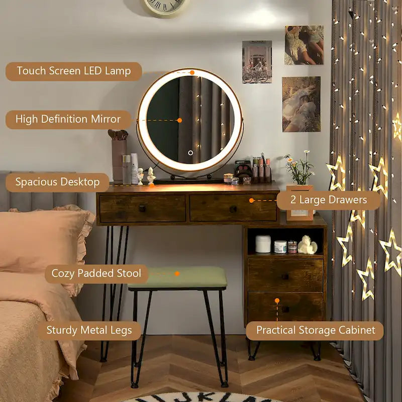 Coiffeuse et tabouret avec miroir LED et meuble latéral – Marron / Noir / Blanc – 1 personne