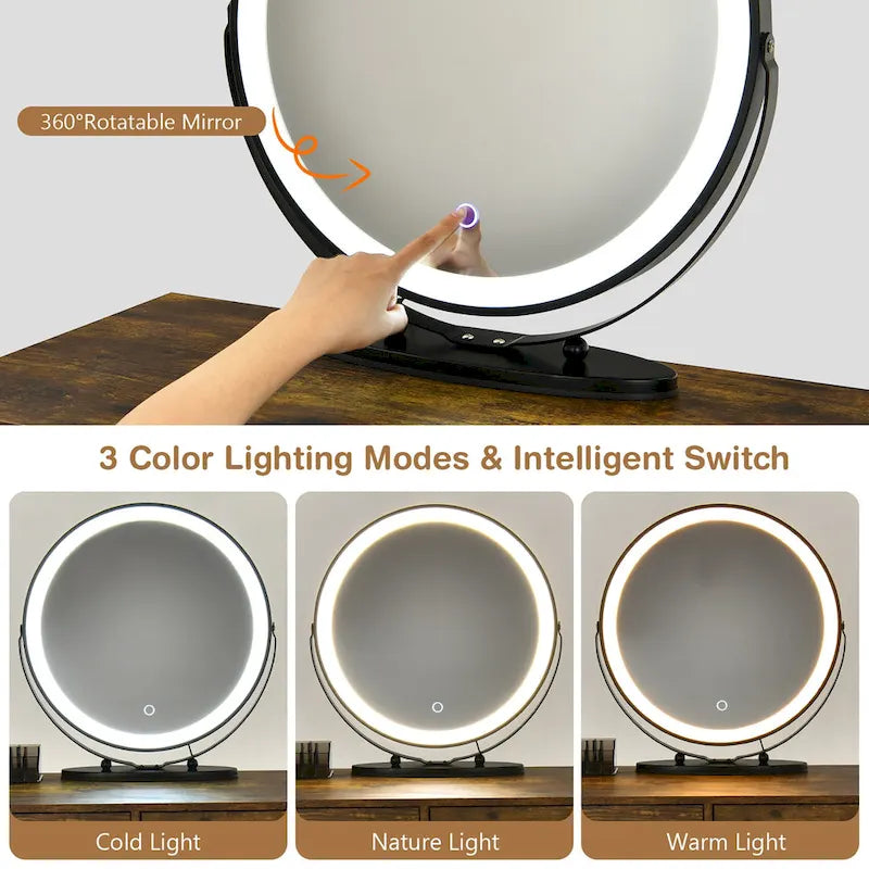 Coiffeuse et tabouret avec miroir LED et meuble latéral – Marron / Noir / Blanc – 1 personne
