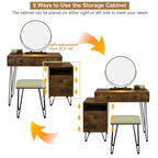 Coiffeuse et tabouret avec miroir LED et meuble latéral – Marron / Noir / Blanc – 1 personne