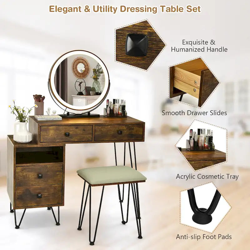 Coiffeuse et tabouret avec miroir LED et meuble latéral – Marron / Noir / Blanc – 1 personne