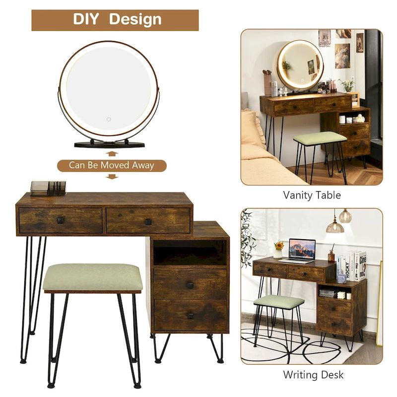 Coiffeuse et tabouret avec miroir LED et meuble latéral – Marron / Noir / Blanc – 1 personne