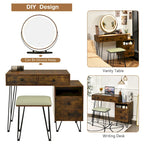 Coiffeuse et tabouret avec miroir LED et meuble latéral – Marron / Noir / Blanc – 1 personne