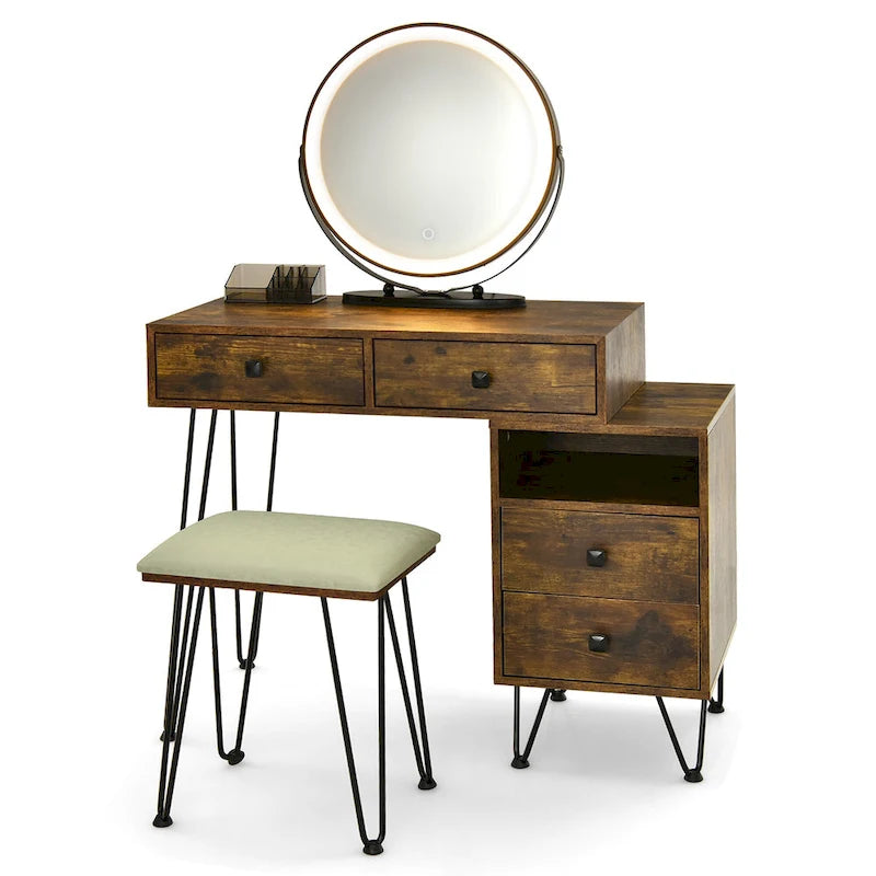 Coiffeuse et tabouret avec miroir LED et meuble latéral – Marron / Noir / Blanc – 1 personne