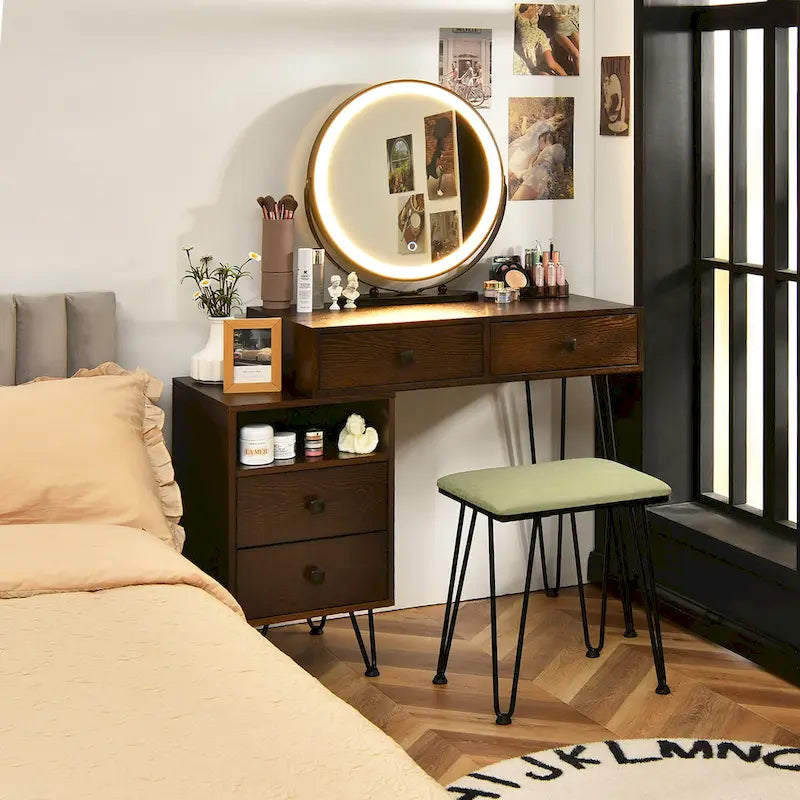 Coiffeuse et tabouret avec miroir LED et meuble latéral – Marron / Noir / Blanc – 1 personne