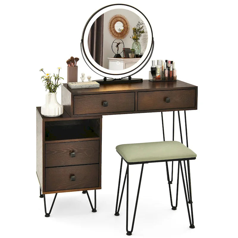 Coiffeuse et tabouret avec miroir LED et meuble latéral – Marron / Noir / Blanc – 1 personne