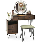 Coiffeuse et tabouret avec miroir LED et meuble latéral – Marron / Noir / Blanc – 1 personne