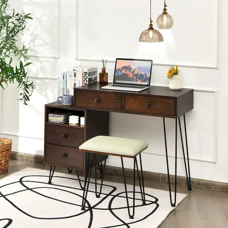 Coiffeuse et tabouret avec miroir LED et meuble latéral – Marron / Noir / Blanc – 1 personne