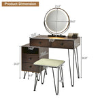 Coiffeuse et tabouret avec miroir LED et meuble latéral – Marron / Noir / Blanc – 1 personne
