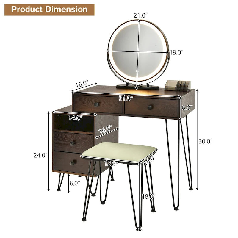Coiffeuse et tabouret avec miroir LED et meuble latéral – Marron / Noir / Blanc – 1 personne