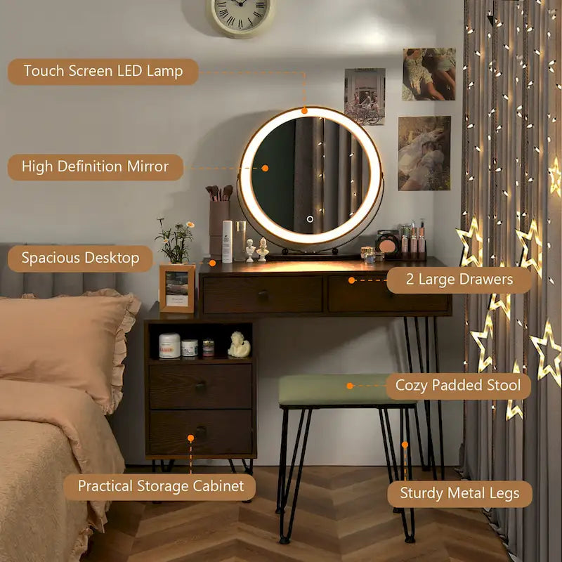 Coiffeuse et tabouret avec miroir LED et meuble latéral – Marron / Noir / Blanc – 1 personne
