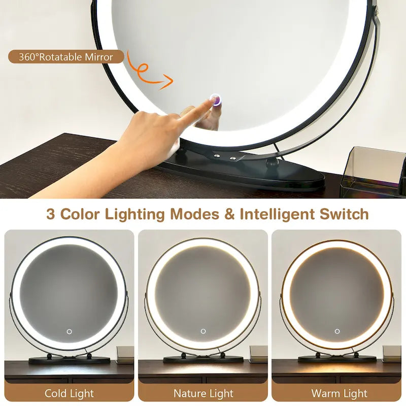 Coiffeuse et tabouret avec miroir LED et meuble latéral – Marron / Noir / Blanc – 1 personne