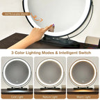 Coiffeuse et tabouret avec miroir LED et meuble latéral – Marron / Noir / Blanc – 1 personne