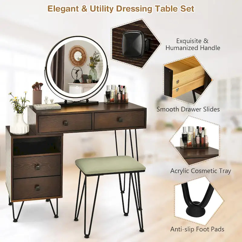 Coiffeuse et tabouret avec miroir LED et meuble latéral – Marron / Noir / Blanc – 1 personne