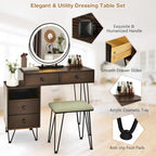 Coiffeuse et tabouret avec miroir LED et meuble latéral – Marron / Noir / Blanc – 1 personne