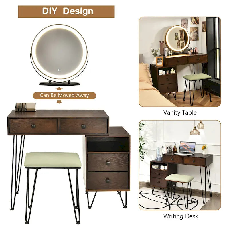 Coiffeuse et tabouret avec miroir LED et meuble latéral – Marron / Noir / Blanc – 1 personne