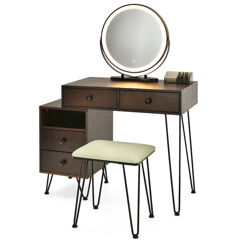 Coiffeuse et tabouret avec miroir LED et meuble latéral – Marron / Noir / Blanc – 1 personne
