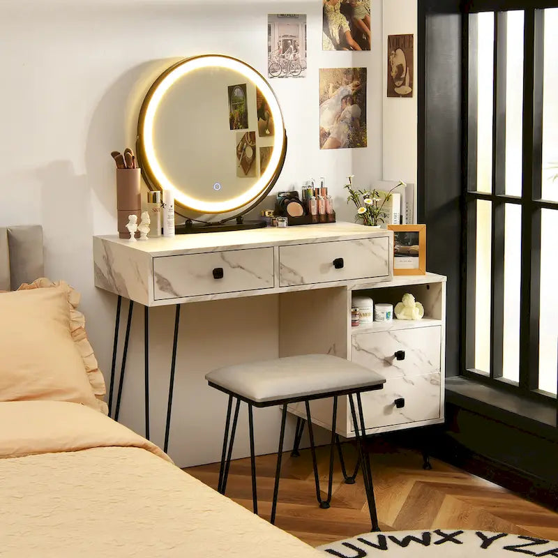 Coiffeuse et tabouret avec miroir LED et meuble latéral – Marron / Noir / Blanc – 1 personne