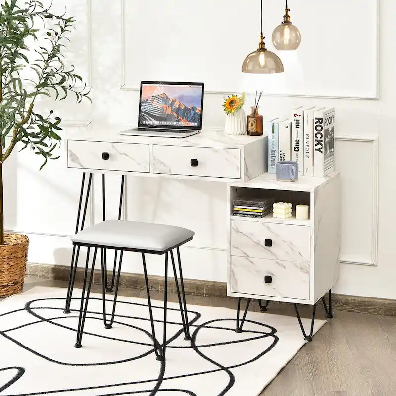 Coiffeuse et tabouret avec miroir LED et meuble latéral – Marron / Noir / Blanc – 1 personne