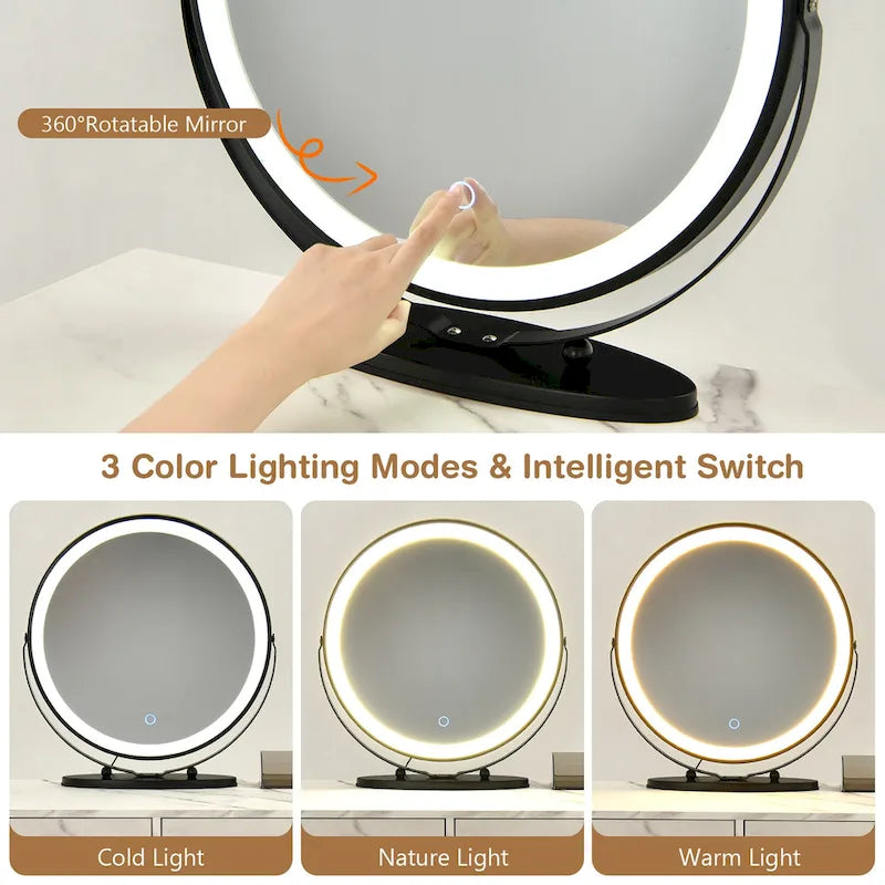 Coiffeuse et tabouret avec miroir LED et meuble latéral – Marron / Noir / Blanc – 1 personne