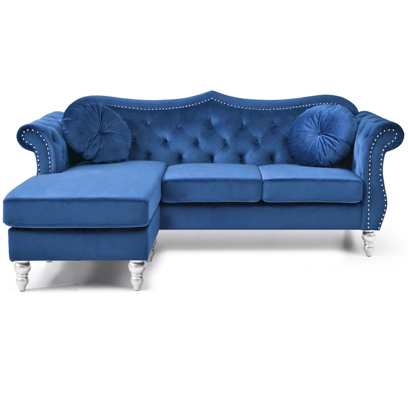 Canapé d'angle Chesterfield en velours bleu avec coussins, 3 places