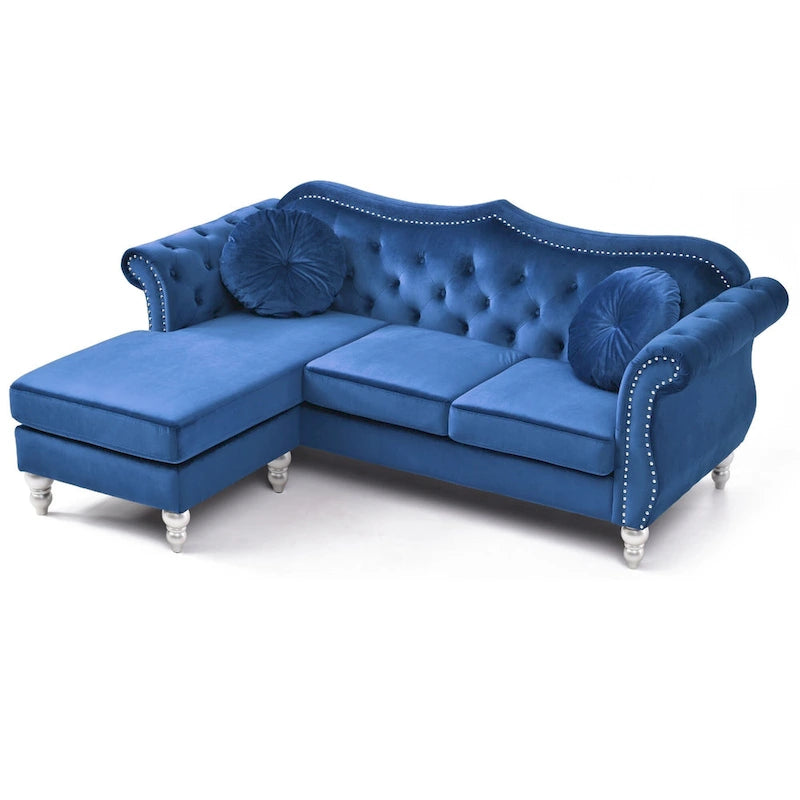 Canapé d'angle Chesterfield en velours bleu avec coussins, 3 places