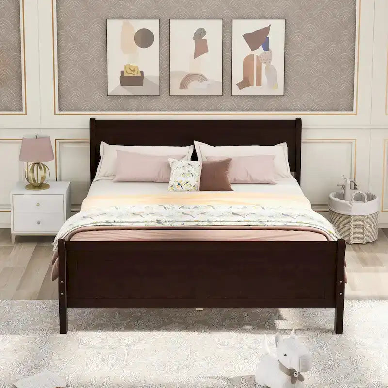 Lit plateforme pleine grandeur en bois avec tête de lit et pied de lit – Chêne / Espresso / Blanc, 2 personnes