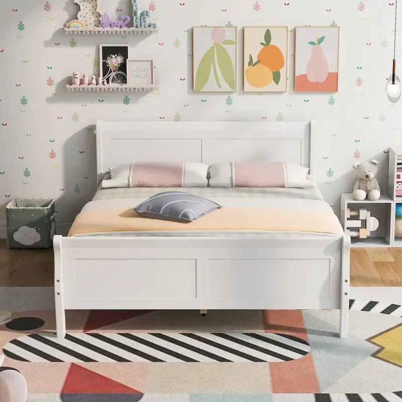 Lit plateforme pleine grandeur en bois avec tête de lit et pied de lit – Chêne / Espresso / Blanc, 2 personnes