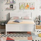 Full Size Wood Platform Bed with Headboard and Wooden Slat Support, White
