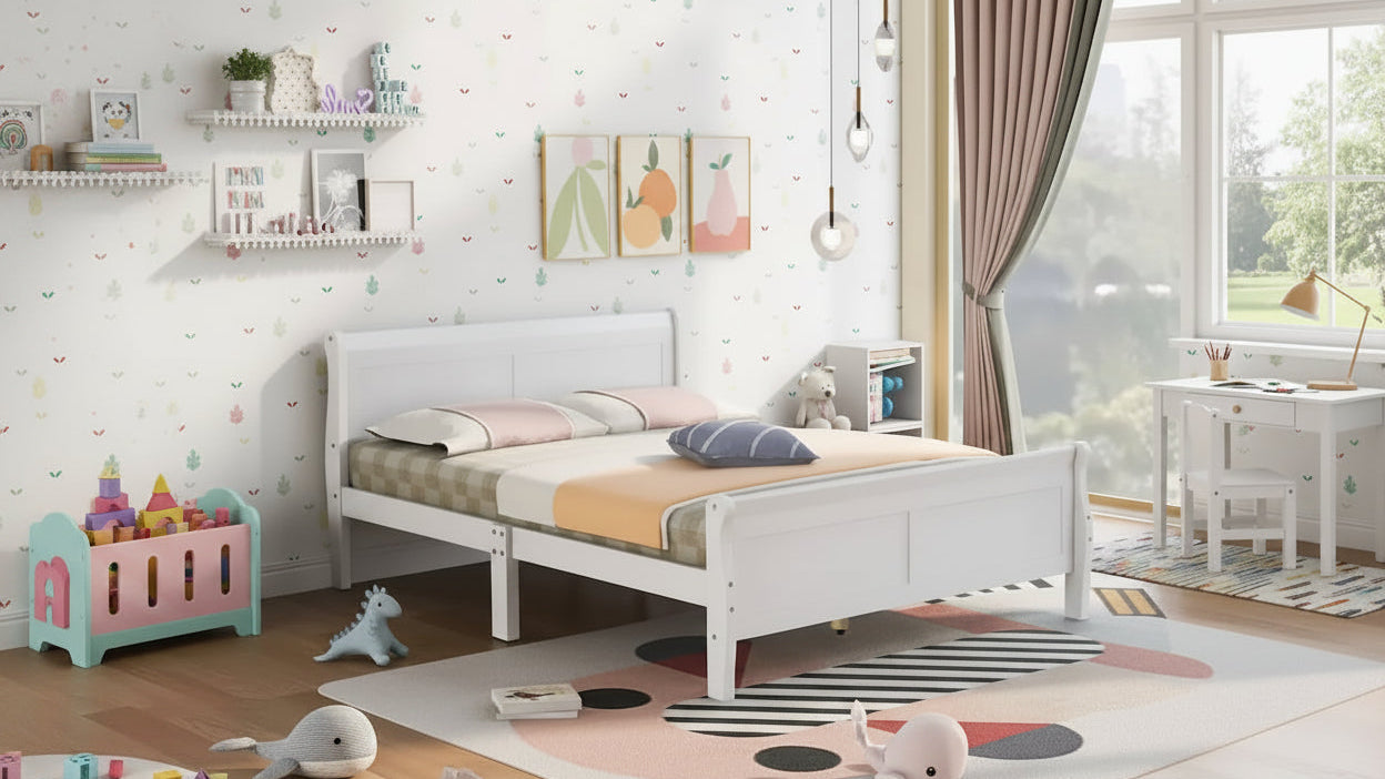 Lit plateforme pleine grandeur en bois avec tête de lit et pied de lit – Chêne / Espresso / Blanc, 2 personnes