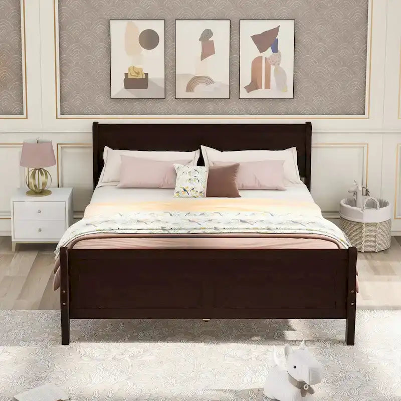 Lit plateforme pleine grandeur en bois avec tête de lit et pied de lit – Chêne / Espresso / Blanc, 2 personnes