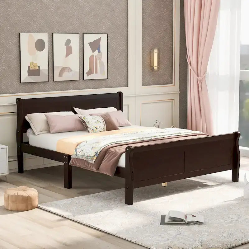 Lit plateforme pleine grandeur en bois avec tête de lit et pied de lit – Chêne / Espresso / Blanc, 2 personnes