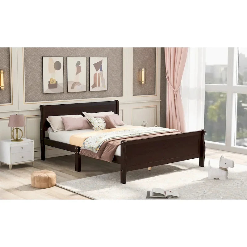 Lit plateforme pleine grandeur en bois avec tête de lit et pied de lit – Chêne / Espresso / Blanc, 2 personnes