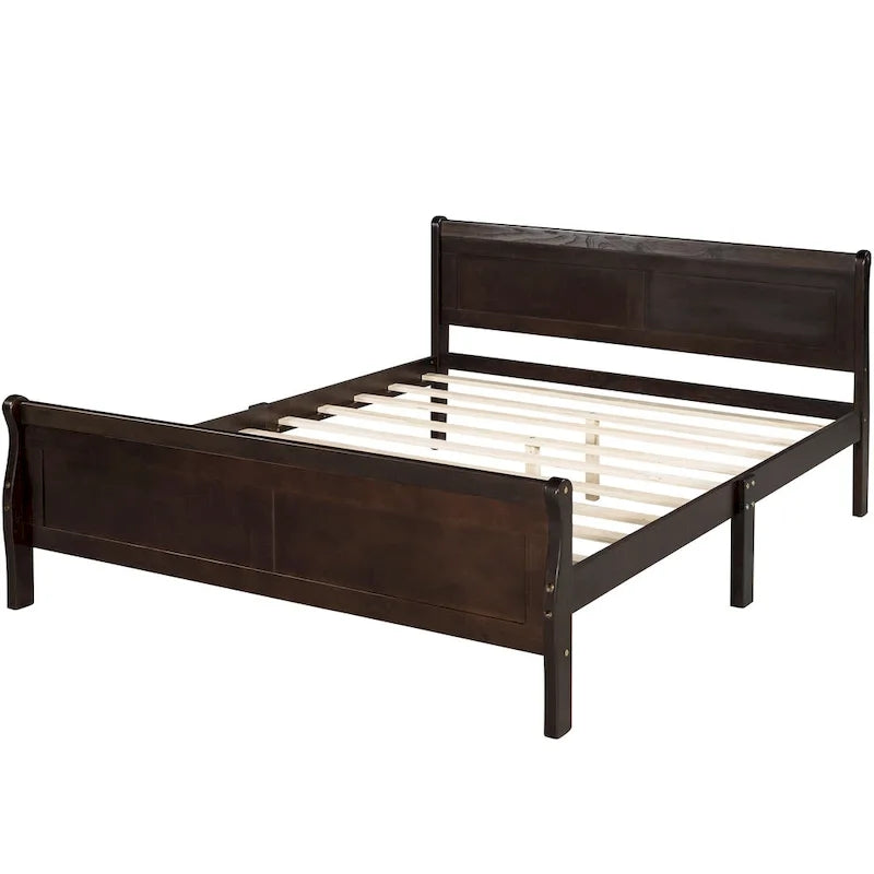 Lit plateforme pleine grandeur en bois avec tête de lit et pied de lit – Chêne / Espresso / Blanc, 2 personnes
