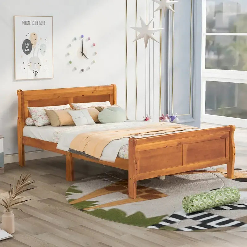 Lit plateforme pleine grandeur en bois avec tête de lit et pied de lit – Chêne / Espresso / Blanc, 2 personnes