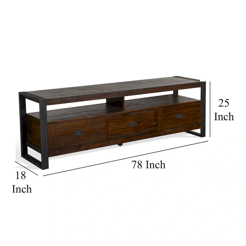 Meuble TV/console marron et noir, 3 tiroirs, 2 étagères, 198 cm