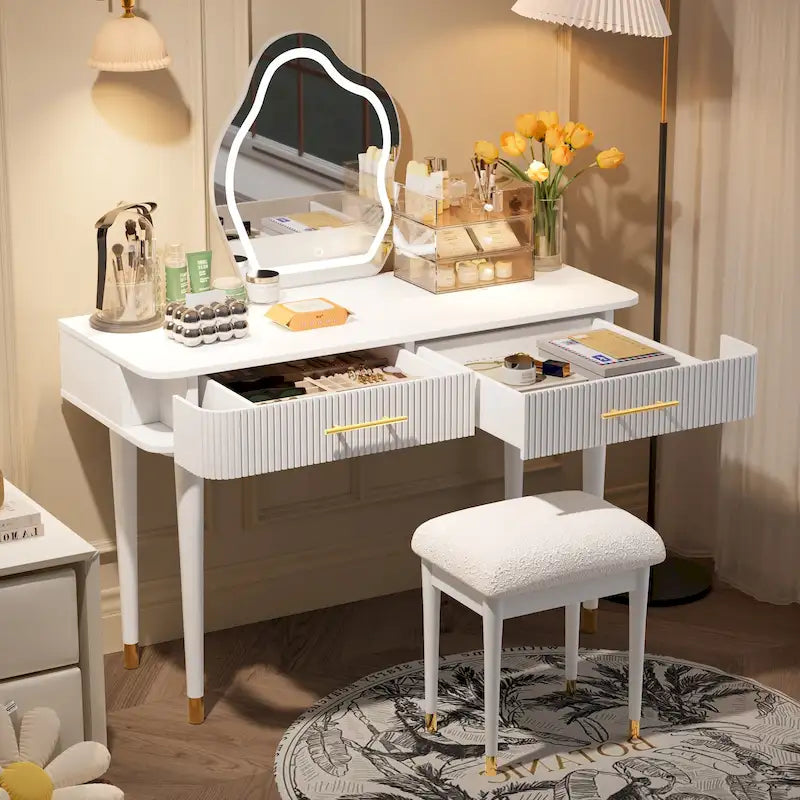 Ensemble coiffeuse individuelle blanche avec miroir LED, tabouret rembourré et 2 tiroirs