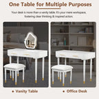 Ensemble coiffeuse individuelle blanche avec miroir LED, tabouret rembourré et 2 tiroirs