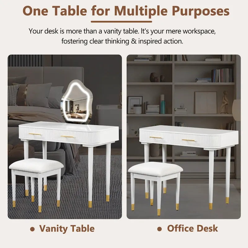 Ensemble coiffeuse individuelle blanche avec miroir LED, tabouret rembourré et 2 tiroirs